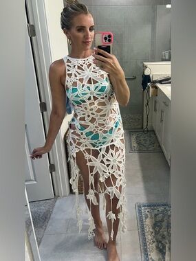 White Crochet Floral Swim Coverup Dress - Brand Unspecified